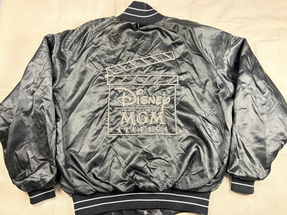 Vtg Disney MGM Studios Black Satin Bomber Jacket USA Lined L